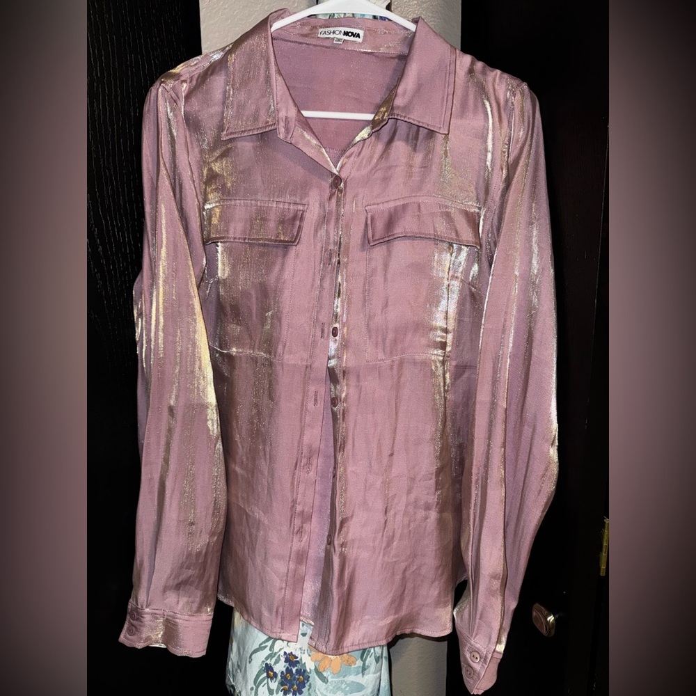 Shimmering Chic Pink Long Sleeve Blouse